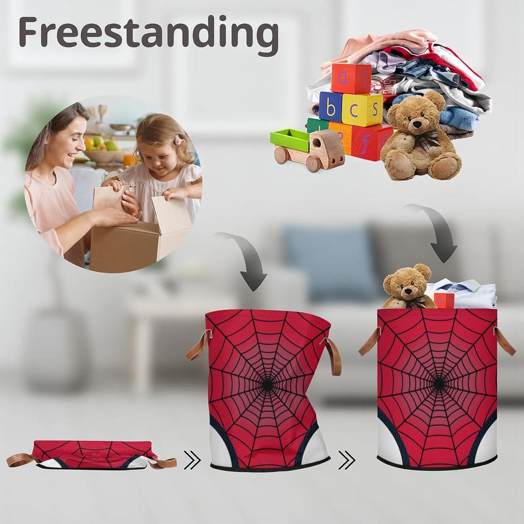 Large Laundry Hamper Basket Red Spider Web Round Collapsible Storage Organizer Bin for Kids, Boys, Nursery, Closet, Bedroom, Playroom, Toys, Dirty