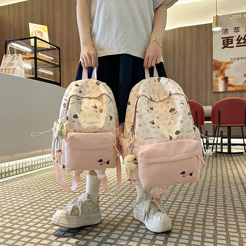 Adorable Dog Print College Backpack With Durable Nylon And Geometric Pattern For Students