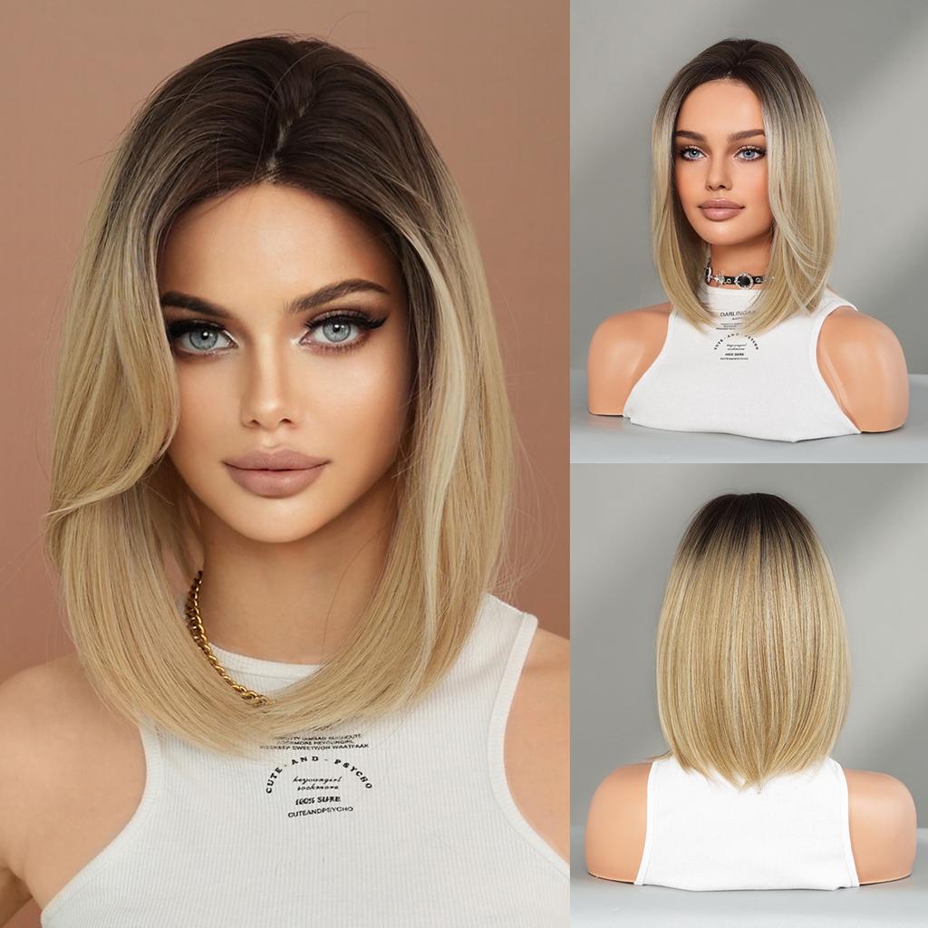Gradient Blonde Small Lace Wig for Women - Bob Cut Shoulder Length Short Straight Hair, Quick Beauty Full Cap, Lightweight Style Wig