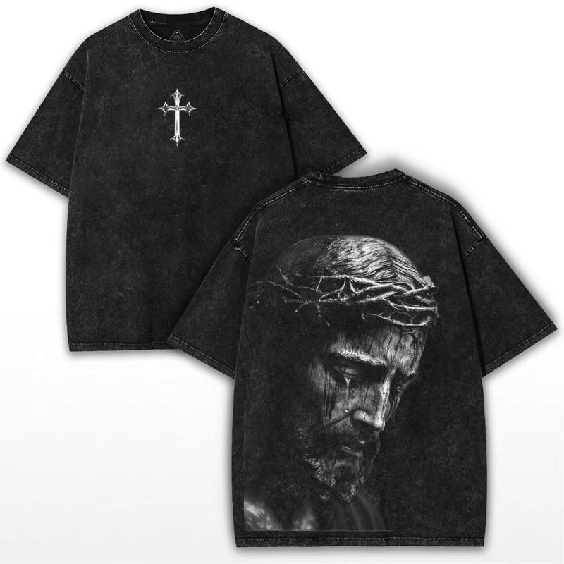 Tričko Ježíš je Král s potiskem křesťanského kříže, Vintage praná bavlna, Retro náboženské grafické tričko, Streetwear Unisex top