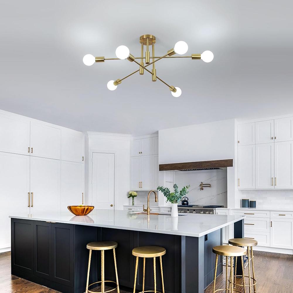 Vintage Ceiling Light 6 Bulbs E27 Socket Gold Chandelier Retro Sputnik Ceiling Lamp for Bedroom Living Room Kitchen Bulbs Not Included