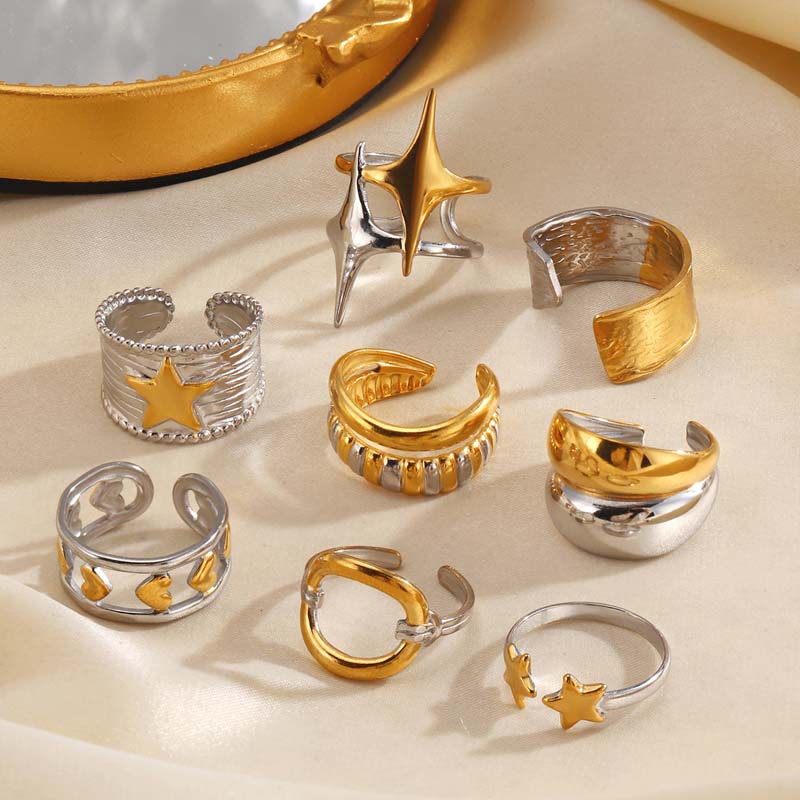 Stainless Steel Gold Silver Color Geometric Open Rings for Women Vintage Metal Star Personality Finger Rings Jewelry Party Gifts