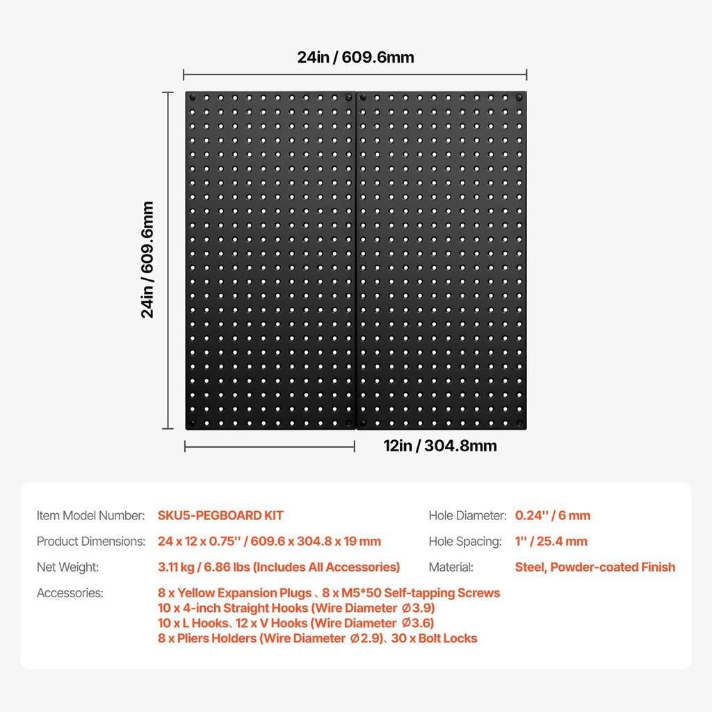 Metal Pegboard Panels 2 panels 24" x 12" Wall Organizer for Garage Tool