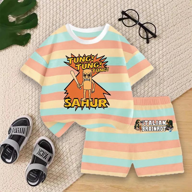 Boys Summer Striped Outfit Set Kids Cartoon Animal Print Short Sleeve T-shirt and Shorts for Play Outdoor