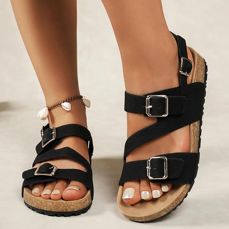 Fashion Metal Buckle Mule Sandals Women Summer 2025 Comfortable Flat Heels Cork Sandals Woman Plus Size 42 Non Slip Casual Beach Shoes