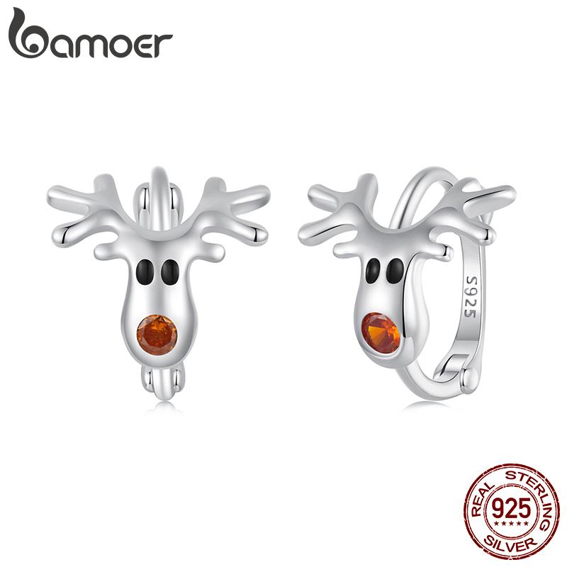 BAMOER 925 Sterling Silver Reindeer Hoop Earrings Lightweight White Gold Plated Christmas Hoop Earrings for Women SCE1812