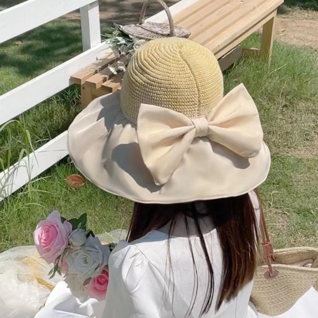 Summer bucket hat women's vinyl sunscreen sunshade hollow breathable dignified atmosphere bow UV protection hat