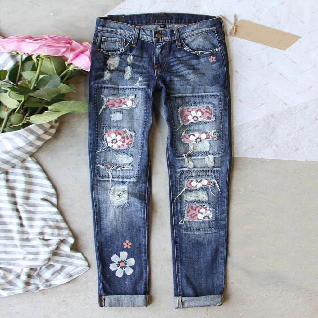 Jeans elasticizzati stampati a fiori blu da donna Pantaloni a vita alta Pantaloni skinny strappati con toppe in denim distrutto