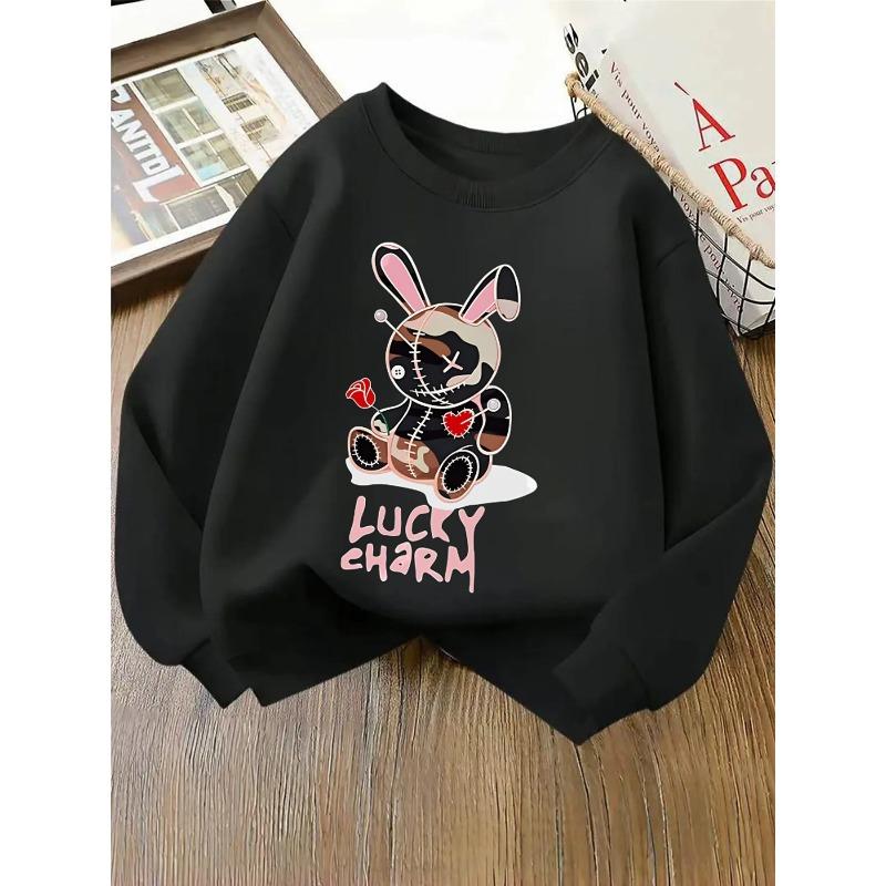 European sizes Kids' Crewneck Sweatshirt - Stitched Bunny with Rose And Heart , Sportswear And Casual Wear, Soft And Comfortable, Children's Clothing