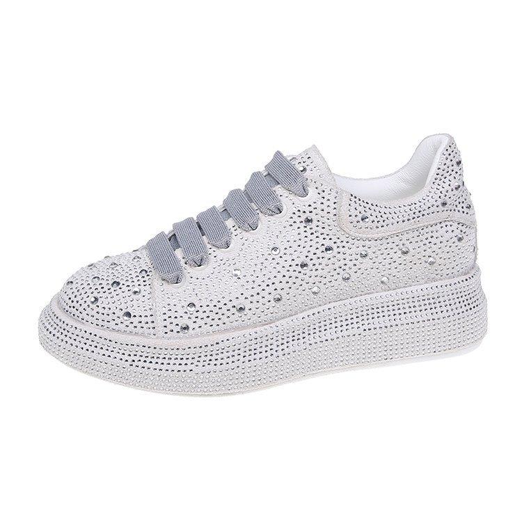 Muffin Thick-soled White Shoes Women's Rhinestone Lace-up Women's Shoes Casual Flat-soled Single Shoes