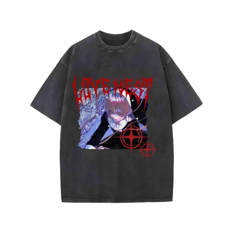 

European sizes Anime Character Graphic Washed Oversized Crew Neck T - Shirt for Streetwear Fashion S чёрный