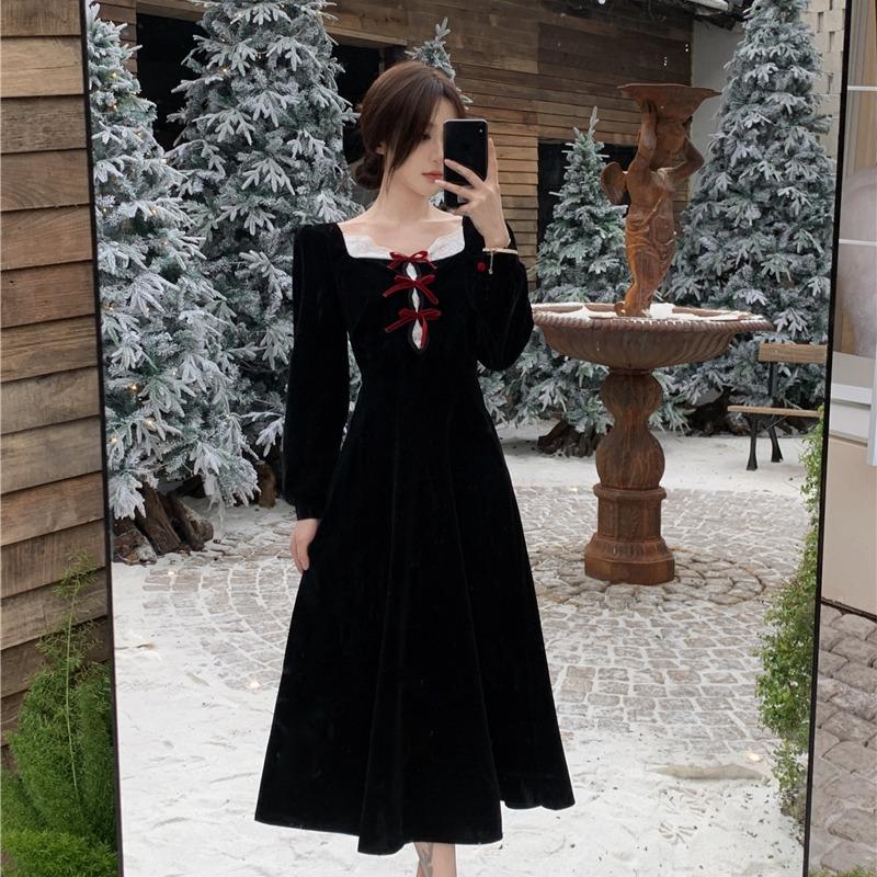 Spring and Autumn New Women's Long Sleeve Square Collar Vintage Bow Lace Black and White Stitching Dress