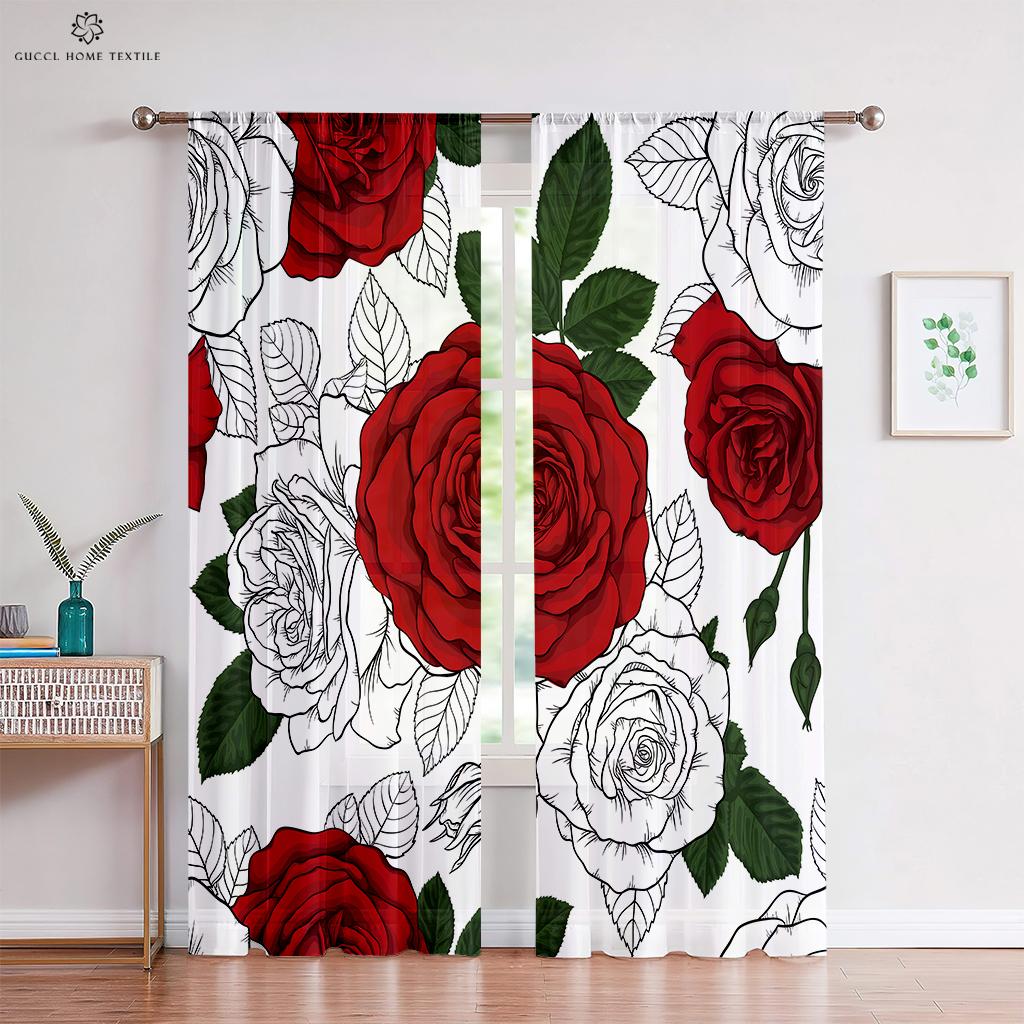 Romantic Red Rose Floral Curtains, Retro Style, Bedroom, Living Room, Study, Kitchen, Custom Home Decoration, 2 Pcs