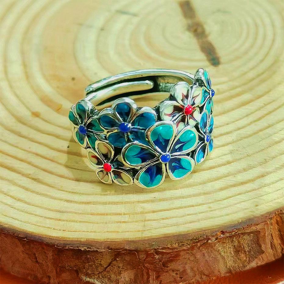 

Ретро китайское кольцо клуазоне с цветком для женщин, панк, готика, винтажное открытое кольцо, ручная работа, дизайнерское, циркон, унисекс аксессуары resizable