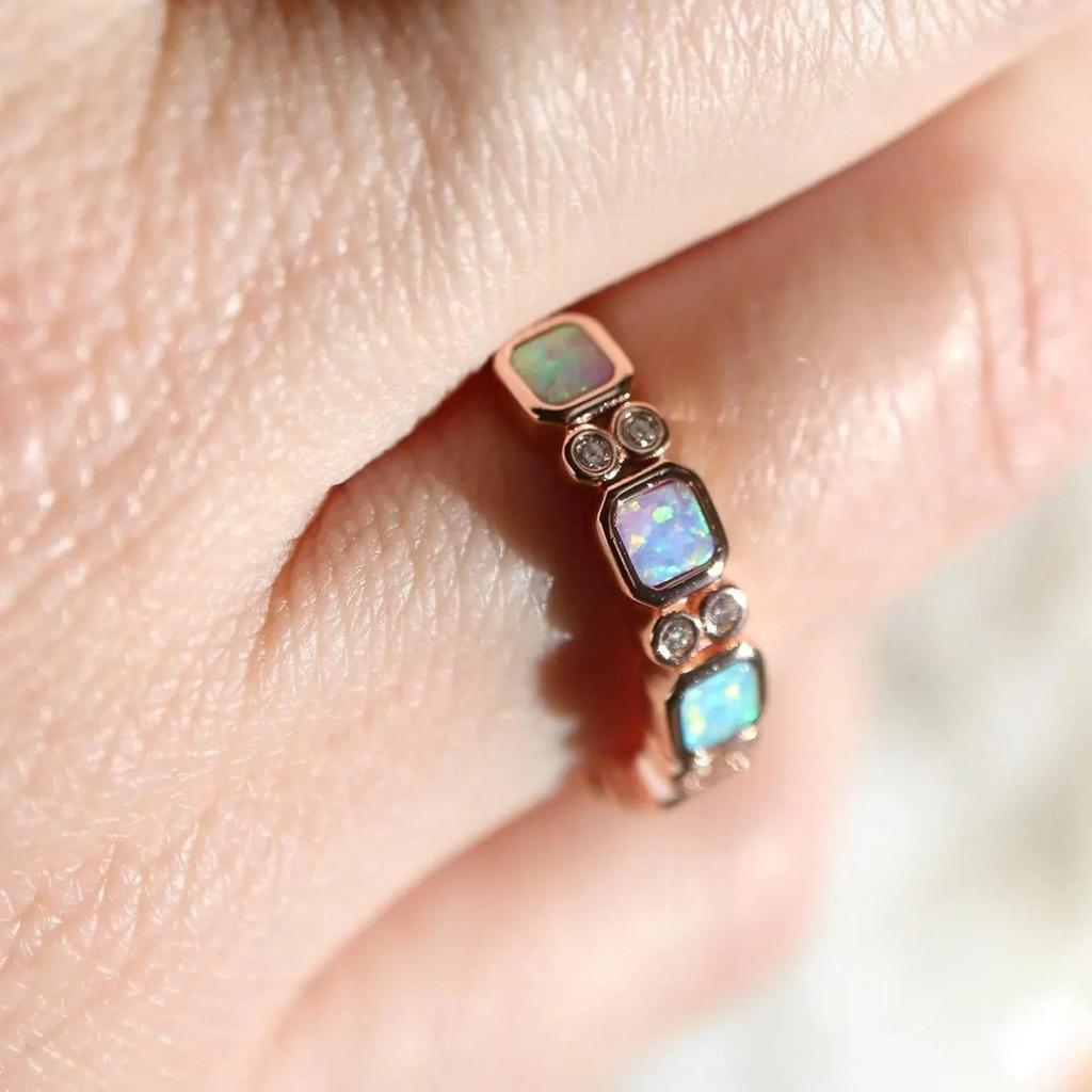 Princess Cut White Opal Ring: Rose Gold Plated Round Cubic Zirconia Wedding Band: Art Deco Bridal Jewelry Gift for Her