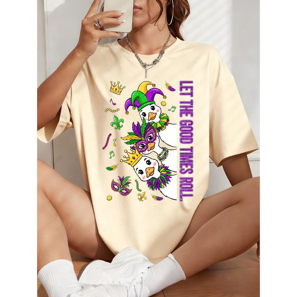 

Let The Good Times Roll Mardi Goose Print Women T-Shirt Casual Breathable Short Sleeve Cotton Loose Tops O-Neck T Shirts M