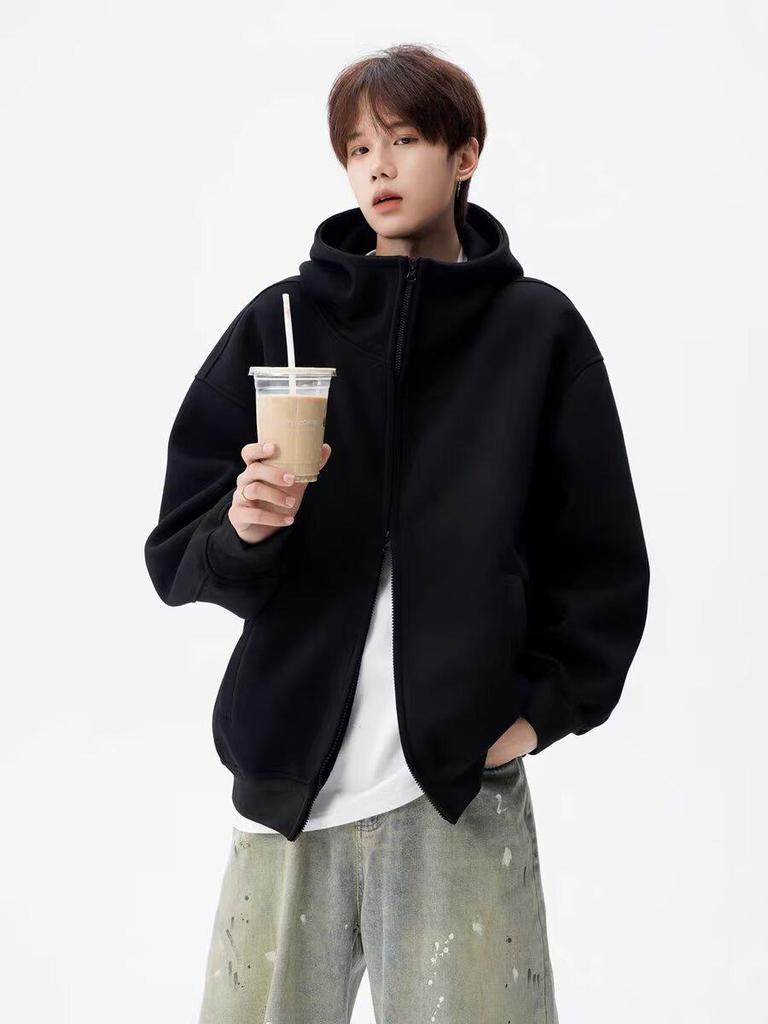 Trendy American High Street Double Zipper Basic Heavyweight Loose Cardigan Hoodie