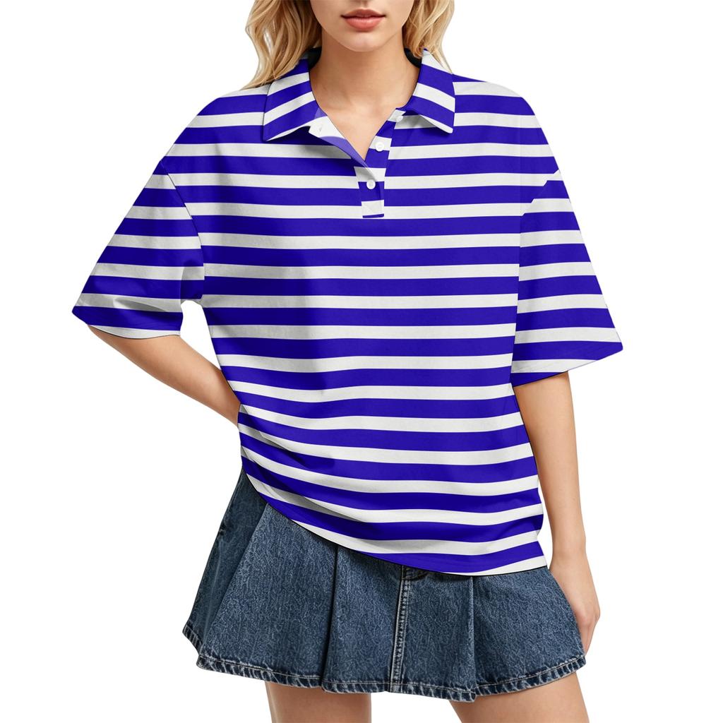 Camisa Polo Casual para Mujer de Corte Holgado con Mangas Cortas, Ligera, con Patrón de Rayas, Top de Verano con Cuello Clásico y Tapeta de Botones