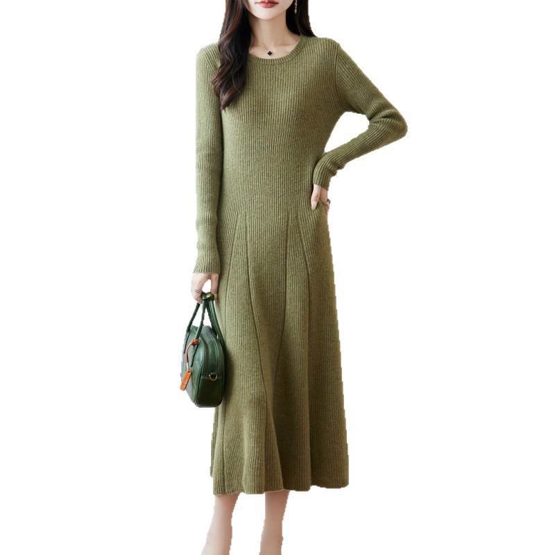 Women's Autumn/Winter Long Slimming Cashmere Wool Dress - French Round Neck Over-the-Knee Style