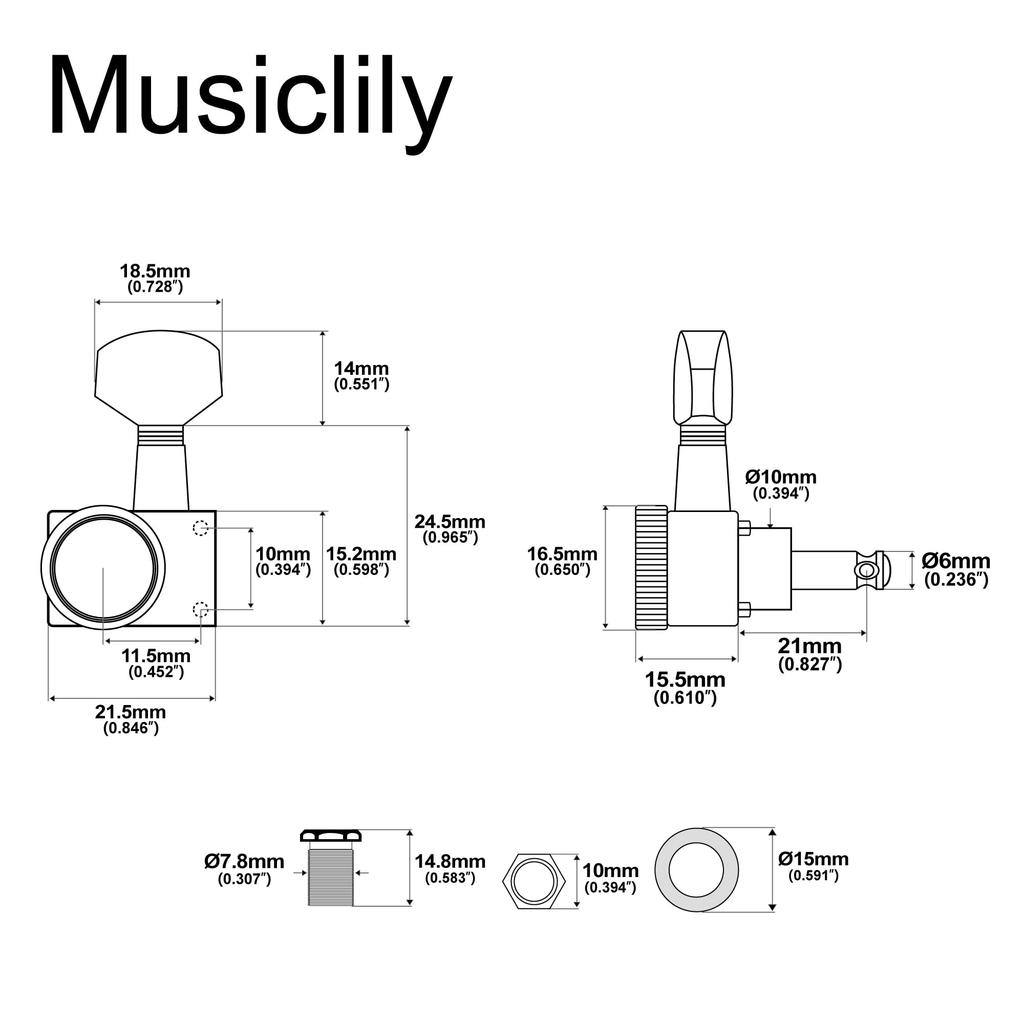 Musiclily Pro Locking Tuning Pegs with Gear Hex for Fender and Electric Black Left-Handed 6-Row, 2-Pin 181 Ratio, Buttons, Strat, Telecaster,