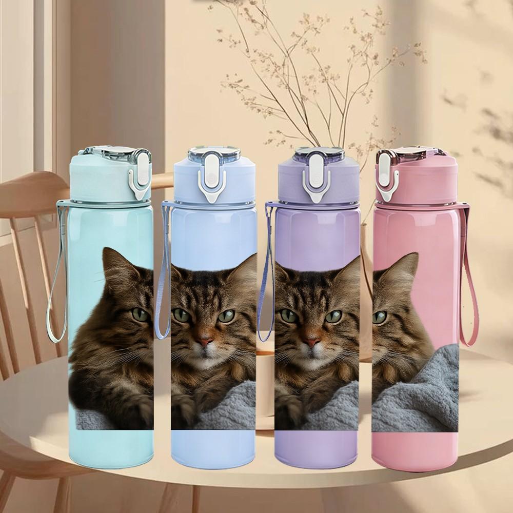 1PC Fluffy Tabby Cat Image 750ml Color Plastic Sports Water Bottle Leakproof Flip Straw Lid Suitable for Sports Office Home Use
