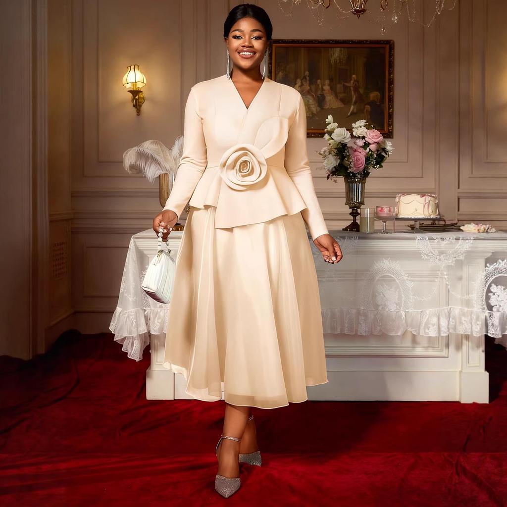 Plus Size Women's Elegant V-Neck 3D Floral Long Sleeve Ruffled Party Dress