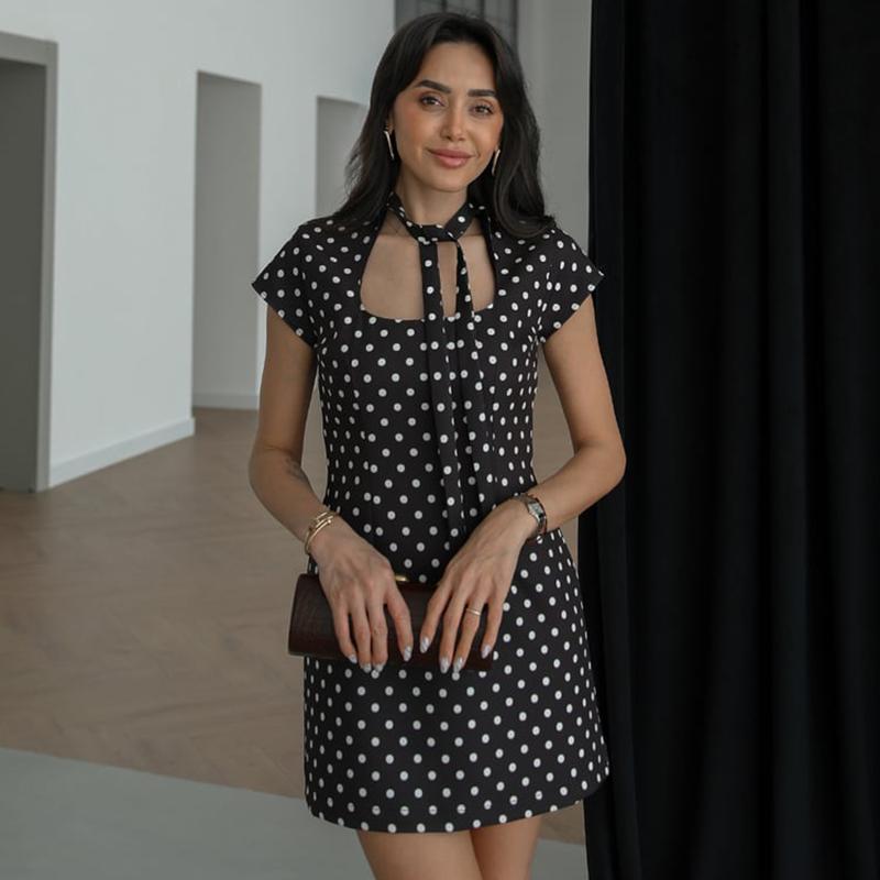 Vintage Polka Dot Dress Women 2026 Summer Hollow Out Stand Neck Short Sleeve Mini Dresses Lady New Sexy Slim Party Vestidos