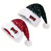 Yousheng Sequined Santa Hat Glittery Christmas Hat with Bow Fluffy Pompom Unisex Fuzzy Xmas Hat for Christmas New Year Festive Parties