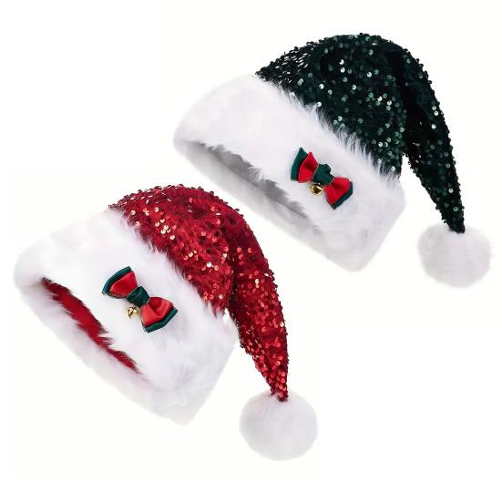 Yousheng Sequined Santa Hat Glittery Christmas Hat with Bow Fluffy Pompom Unisex Fuzzy Xmas Hat for Christmas New Year Festive Parties
