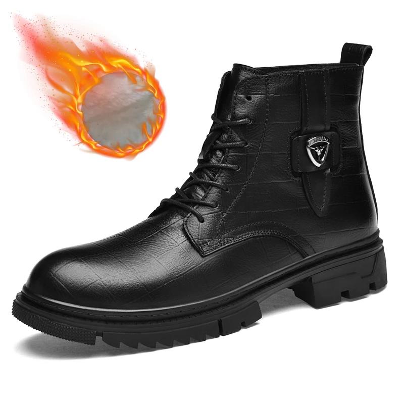 Boots for Mens Fashion Leather Shoes Luxury Brand Ankle Genuine Leather Business Boots Lace-Up Male Thick Soled Shoes High-end