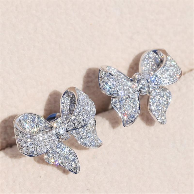 Zircon Bowknot Studs Earrings for Women Fashion Silver Color Crystal Ear Studs Adornment Elegant Wedding Jewelry Gift