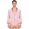 Mens Latin Ballet Dance Bodysuit Glittery Sequined Bodice V Neck Satiny Long Sleeves Buttoned Crotch Leotard
