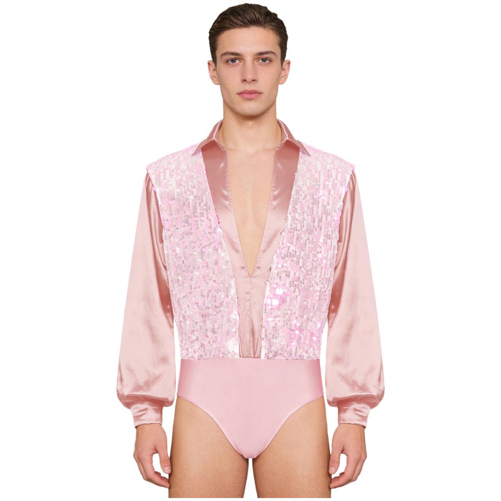 Mens Latin Ballet Dance Bodysuit Glittery Sequined Bodice V Neck Satiny Long Sleeves Buttoned Crotch Leotard
