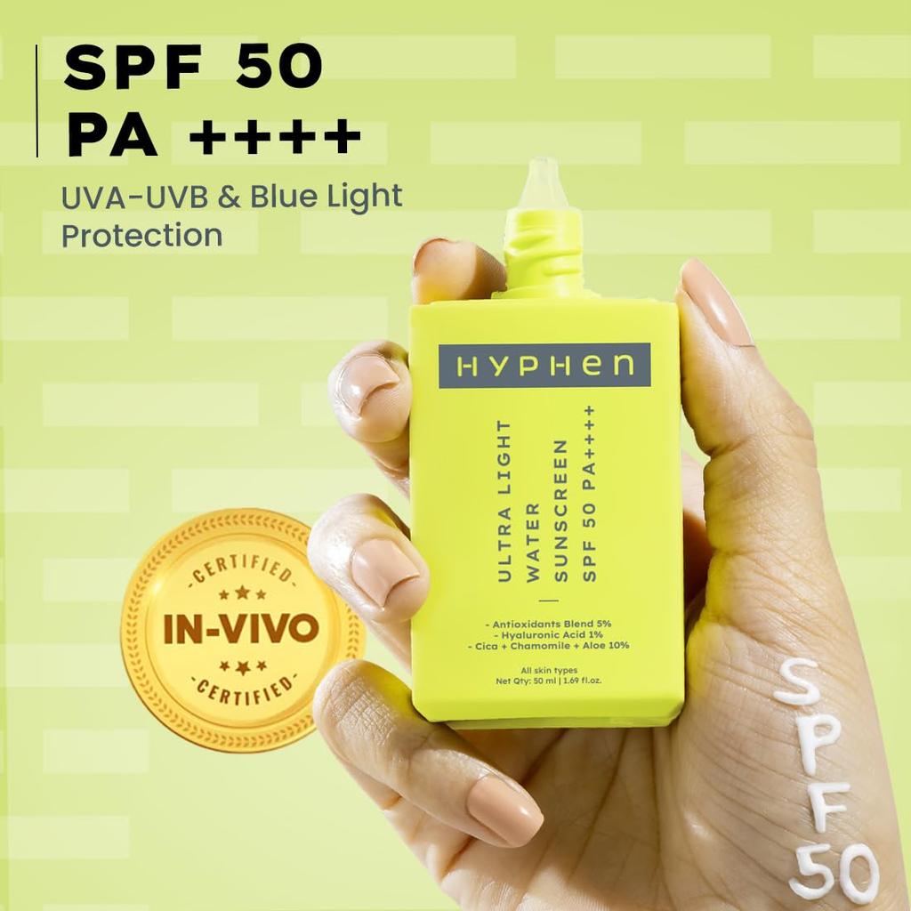 Hyphen 1% Hyaluronic Ultra Light Water Sunscreen SPF 50 PA ++++ | In-Vivo certified | Broad Spectrum & Blue Light Protection | No White Cast | Co