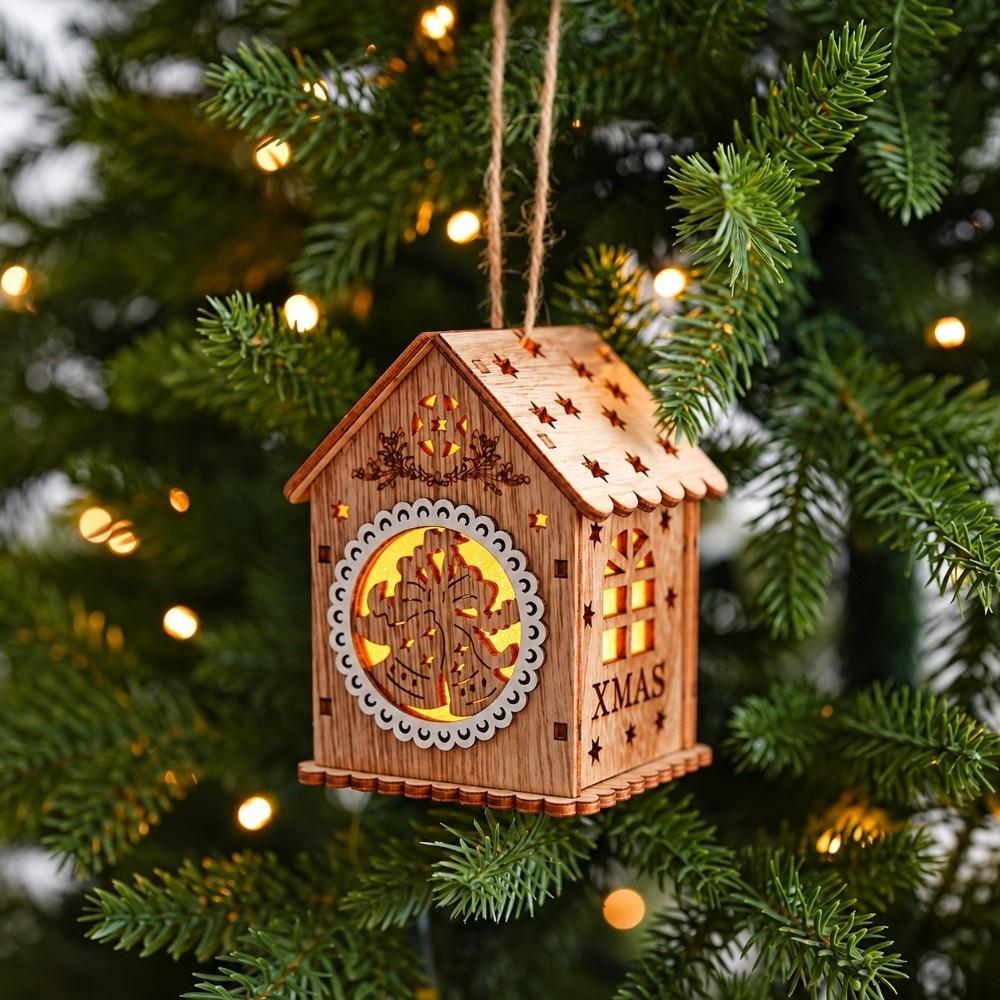 House Shape Light Decor Wood Material Hanging Charm Exquisite Christmas House Ornament Home Layout