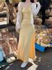 Yellow Floral Spaghetti Strap Slim-Fit Maxi Dress - Women's Japanese Sweet Style Summer Sleeveless Tank Dress