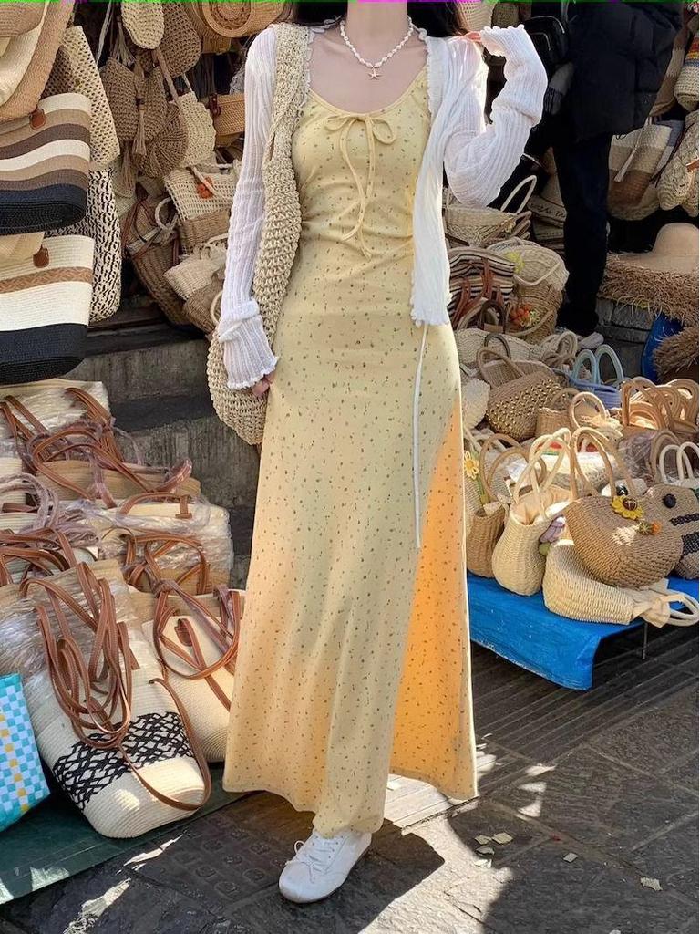 Yellow Floral Spaghetti Strap Slim-Fit Maxi Dress - Women's Japanese Sweet Style Summer Sleeveless Tank Dress