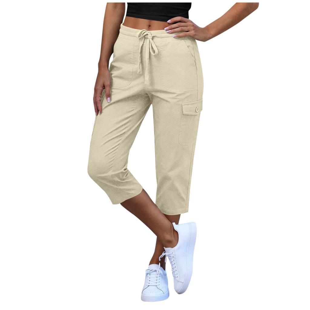 Women Elastic High Waist 3/4 Pant Casual Fit Wide Capris Leg Pants Trousers With Pockets