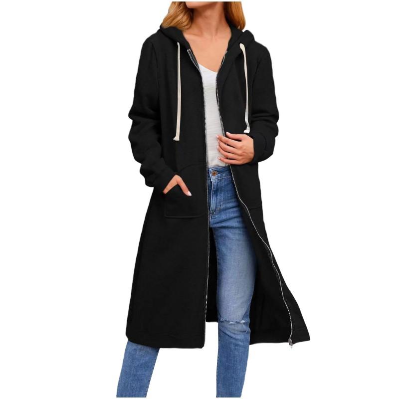 Women's Hood Collar Long Sleeve Long Cardigan Straight Fit Casual Solid Zip Up Hooded Coat Autumn Daily Outerwear