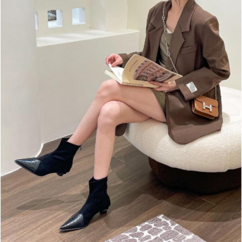 2024 Primavera Outono Botas Femininas de Cano Curto Moda Bico Fino Botas Curtas Senhoras Elegantes Sapatos de Salto Baixo Inverno Bombas Femininas