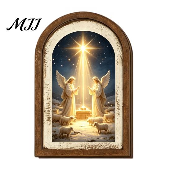 Farmhouse Christmas Tree Decorations Vintage Arched Wooden Wall Art, Double Layer Wood Framed Sign, Bedroom Winter Ornaments Xmas Print Hanging Decor