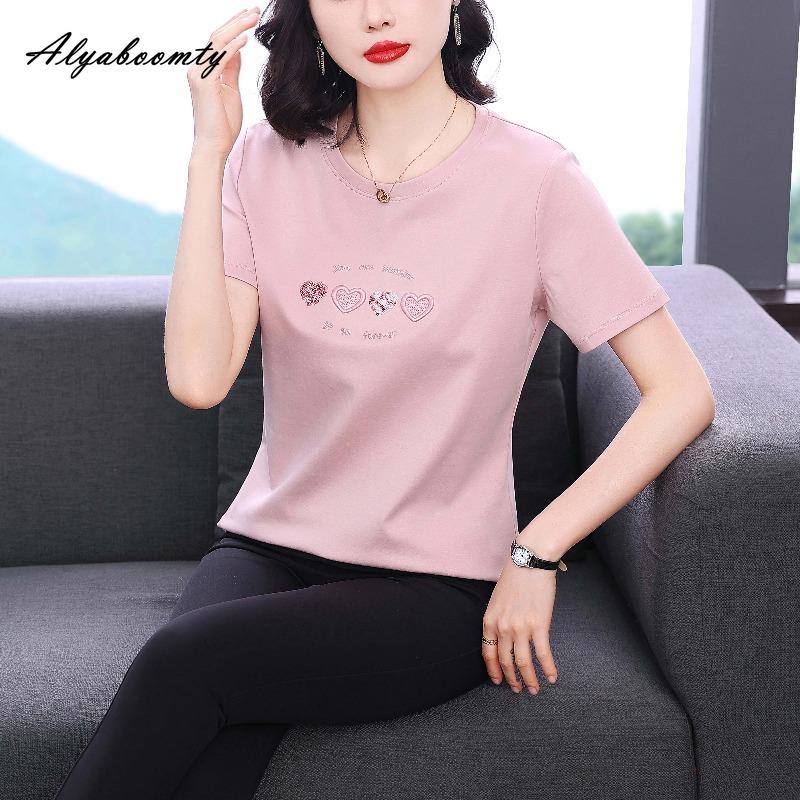 Plus Size Summer Women Basic Cotton Top O Neck Pink White Blue Embroidery Ladies' T-Shirt Short Sleeve Casual Loose Tee