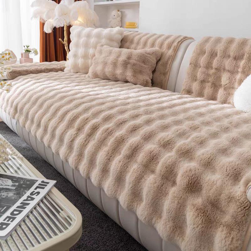 Winter Thickened Stroking Cats Warm Sofa Cushion  Rabbit Plush Sofa Cover Solid Color Non-Slip Seat Cushion