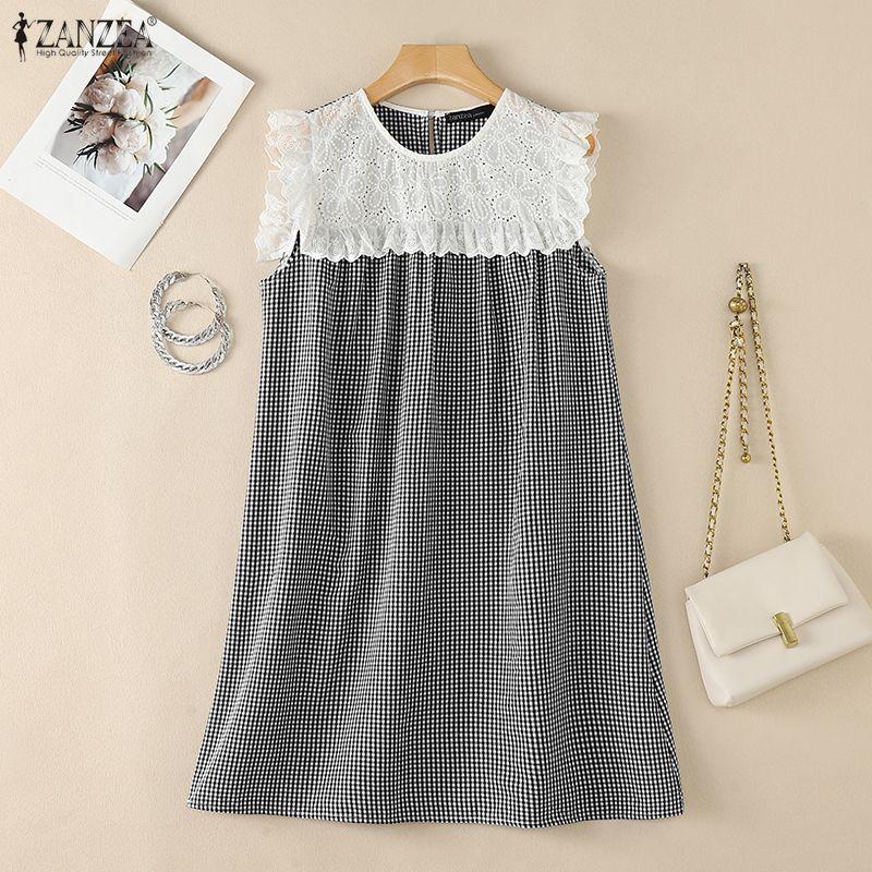 ZANZEA Women Lace Crochet Patchwork Round Neck Casual Sleeveless Grid Print Dress M чёрный