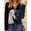 Black and White Horse Pattern Zipper T-shirt, Casual Long-sleeved Top, Suitable for Spring and Autumn, Suitable for Home and Outdoor Wear