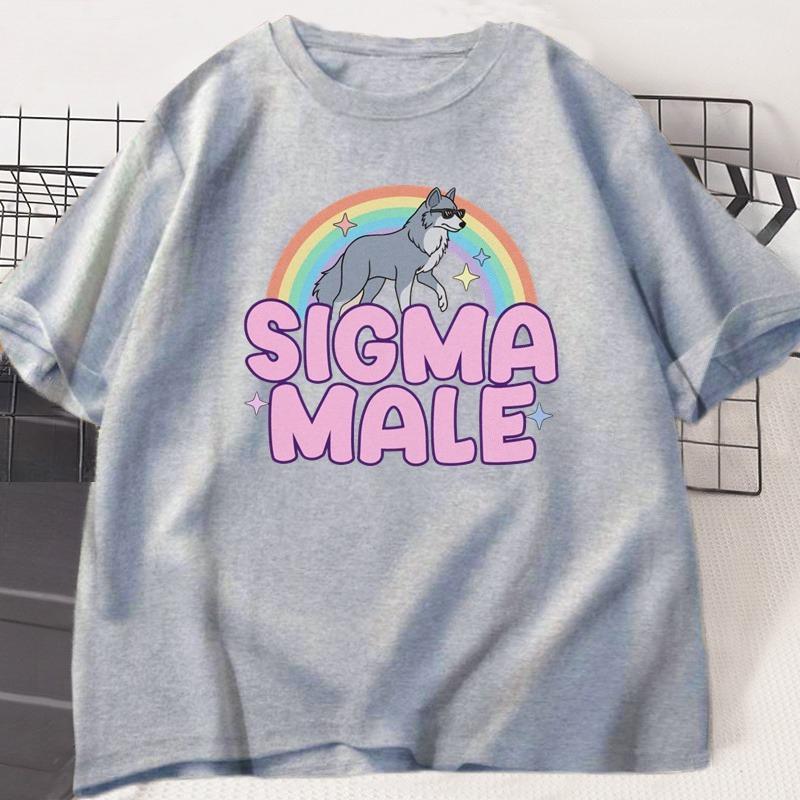 Sigma Male Lone Wolf T Shirt Funny Weird Rainbow Wolf Graphic Tee Unisex Women Casual Trendy Loose Tshirt Women Clothing Tops