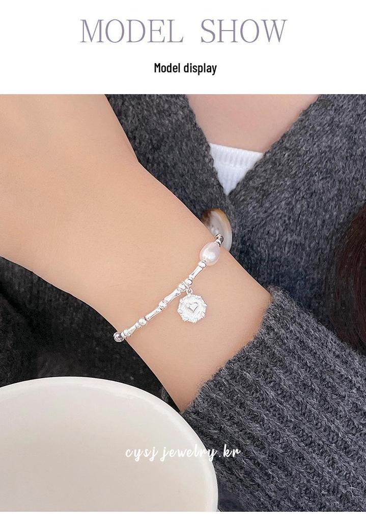 S925 Sterling Silver Korean Bamboo Pearl Heart Bracelet - Women's Niche Cold Style Trendy Jewelry