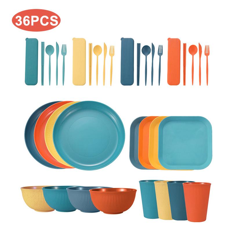 32/36pcs Wheat Straw Cutlery Set Spoon Fork Chopsticks Tableware Picnic Camping Cup Bowl Dish Dinnerware Set Kitchen Accessories