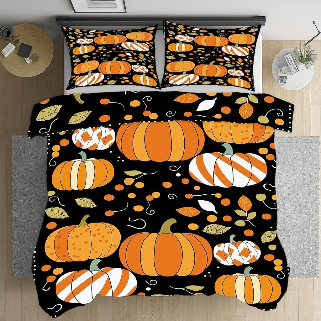Set Copripiumino Reversibile Stile Autunnale Naturale con Zucca e Foglie, Set Biancheria da Letto in Microfibra e Federe con Chiusura a Zip