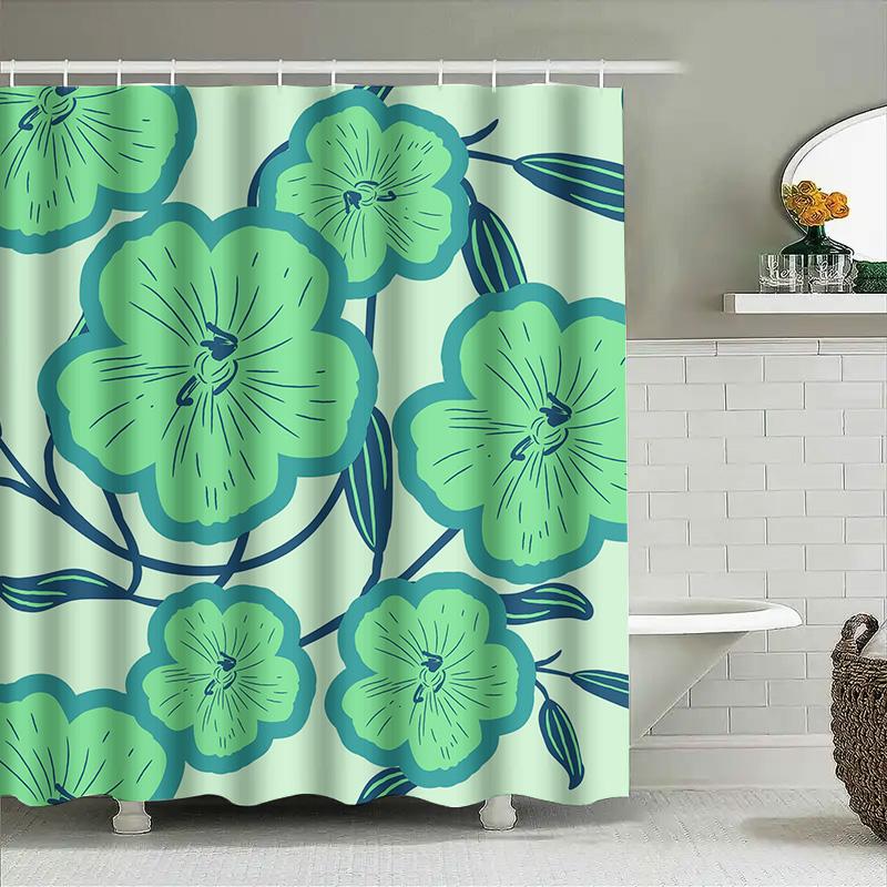 Green Blue Flower Print Shower Curtain, Polyester Fabric Bathroom Decor Waterproof Liner for Home Decoration in Bathrooms from